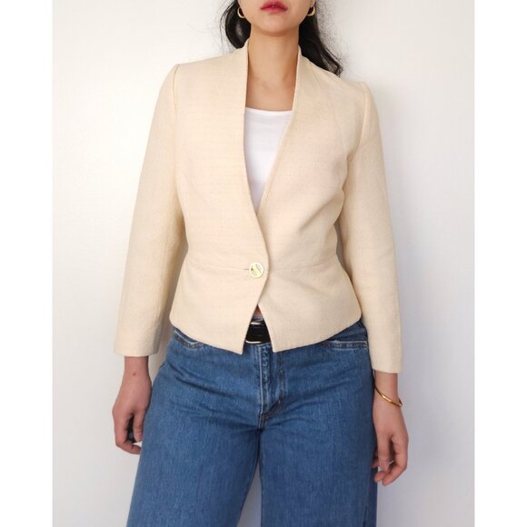 Vintage Givenchy collarless deep V neck blazer neutral cream, tailored jacket - Picture 11 of 16